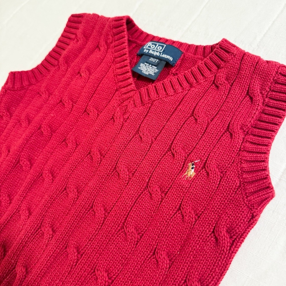 Polo Ralph Lauren Boys 2T Cable Knit Sweater Vest Red‎ with Flesh Pony Logo